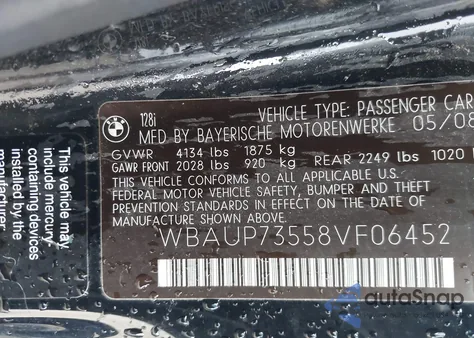 2008 BMW 128I z USA, uszkodzony, nr VIN WBAUP73558VF06452